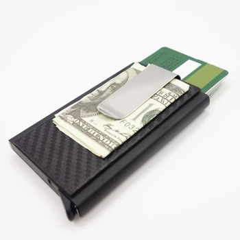 Мини тънък портфейл Автоматичен калъф за слайд карта Въглеродни влакна PU кожа RFID портфейли Алуминиеви ID пари в брой притежател на кредитна карта клип