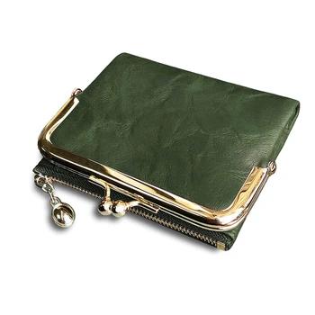 Дамски портфейл къс Bifold ретро мултифункционален монета чанта с цип и целувка заключване зелен PU кожа женски къси портмонета