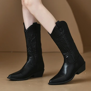 Black Chunky Heel Mid Calf Riding Boots for Women 2023 Зимни женски обувки Дамски ботуши Pionted Toe Мода Дамски каубойски ботуши