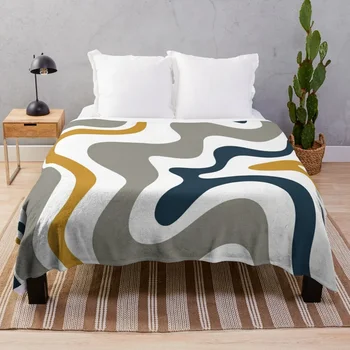 Liquid Swirl Contemporary Abstract in Mustard Yellow, Navy Blue, Grey, and White Throw Blanket Sleeping Bag Blankets