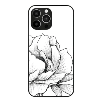 божур стъкло случай за Apple Iphone 14 13 11Pro Xs Max Xr 7 X 12Mini 6S 5S обратно телефон капак флорални божур черно и бяло модел