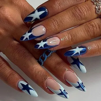24PCS Звезди Y2k нокти стикери синьо френски фалшиви нокти преса на дълги бадемови форма дизайни фалшиви нокти завършен маникюр нокти съвети