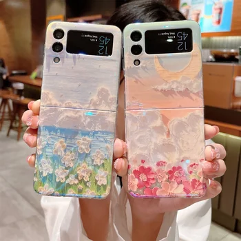 Луксозен корейски лазер живопис с маслени бои цвете цветен телефон случай за Samsung Galaxy Z Flip 3 5G Z Flip3 Zflip3 ясно покритие Funda