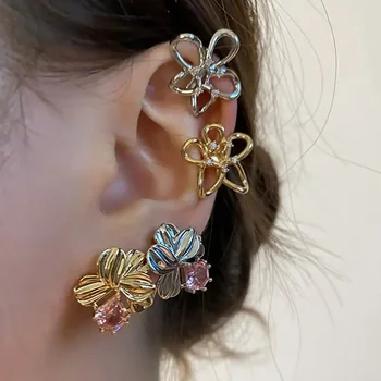 Корейски нова мода щипка метал ухото безплатно цвете обеци високо качество преувеличени обеци женски есен зима обеци