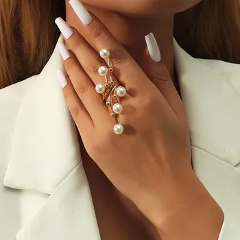 Реколта бяла перла геометрични пръстени за жени преувеличени метални нередовни двоен слой големи перлени пръстени парти бижута
