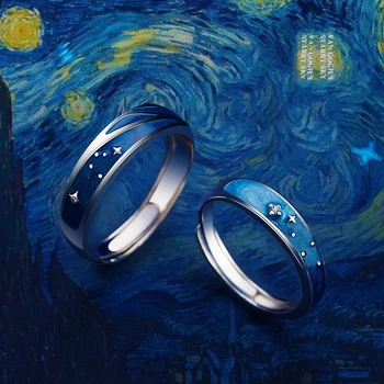JWER двойка пръстени звездна нощ Ван Гог никога не избледняват двойка пръстени слънце луна жени мъж любовници романтично обещание изкуство пръстен