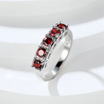 Кръгли едноредови червени каменни пръстени за жени Циркон сватбени ленти Сребърен цвят Просто подреждане тънък пръстен женски парти бижута подарък
