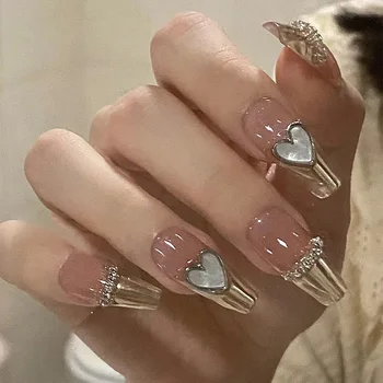 24Pcs триизмерна любов сърце фалшиви нокти с френски дизайн дълъг ковчег носими фалшиви нокти кристал натиснете върху ноктите съвети