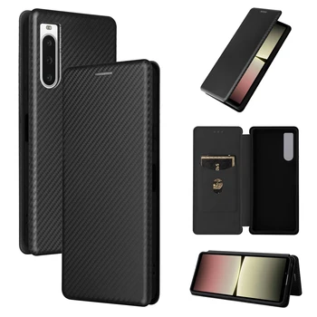 За Sony Xperia 10 V въглеродни влакна кожата флип кожа телефон случай за Sony Xperia10 V магнитно затваряне портфейл карта слот тънък капак