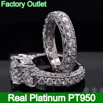 Real Platinum PT950 булчински комплекти пръстен жени годеж годишнина парти сватбена лента пръстен кръг Moissanite диамант лукс