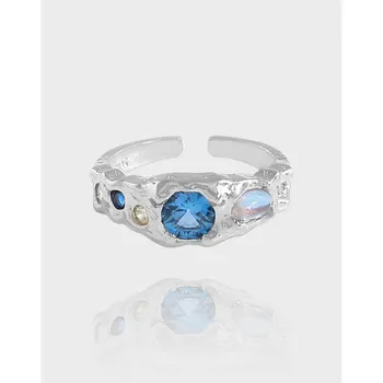 s925 стерлинги сребро модни бижута високо качество кристал циркон синьо сапфир отворен регулируем пръстен anillos mujer