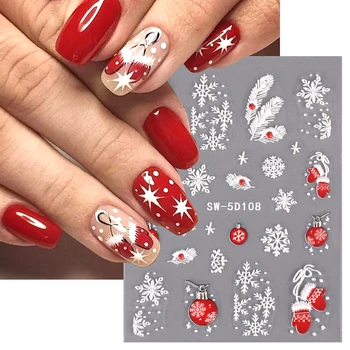 5D червен блясък прах ръкавици нокти релефни стикери Коледа звънец снежинки перо дизайн зимен елемент 2023 маникюр ваденки