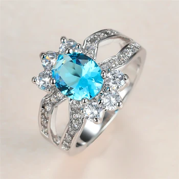 сладък бонбони форма аква син камък пръстени за жени сребърен цвят овален циркон сватбени ленти реколта годежен пръстен майка бижута