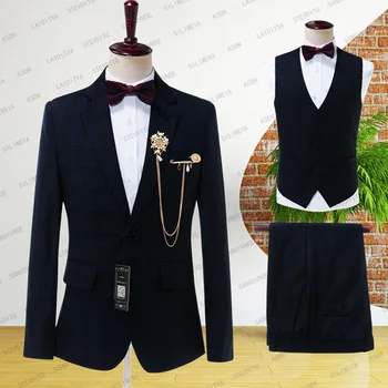 SILIWEYA 2023 Нов стил тъмно сини мъжки блейзъри тънък проверка бизнес костюм мъже 3 парче сватба младоженец( яке + панталони + жилетка)