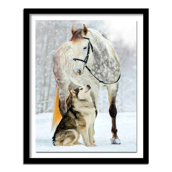 Пълен кръг Диамантена живопис Кръстат бод снежен кон&Вълк пълен квадрат Diamond Husky 5D DIY Диамантена бродерия зимно куче