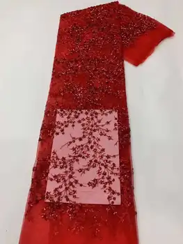 2024 НОВО 5 ярда африкански червен 3D пайети дантела високо качество френски нигерийски бродерия мрежа тъкани сватбена рокля шиене YYZ7982