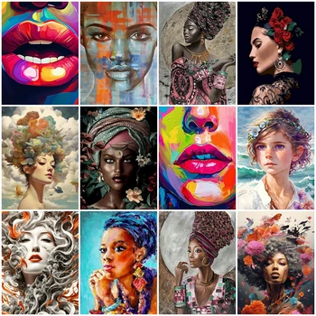 AZQSD Ръчно рисувани с маслени бои Портрет Жена оцветяване по номера Lip Picture Artcraft върху платно акрилна боя Ръчно изработен подарък