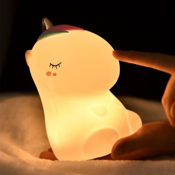 LED нощна светлина карикатура еднорог силиконови потупване светлина атмосфера лампи за спалня нощно шкафче украсяват за деца деца бебе подарък