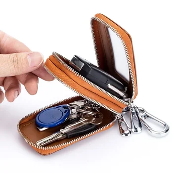  Ключодържател за кола, универсална кола Auto Split кожа 2 цип ключодържател чанта за съхранение чанта за мъж ключодържател кожа