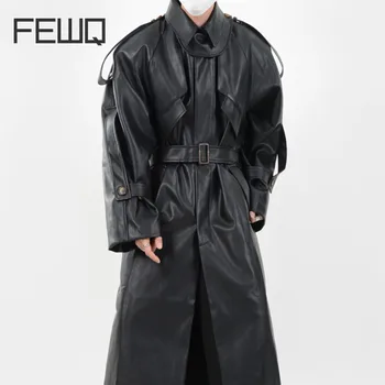 FEWQ High Street Мъжки PU кожени тренчкоти Подложка за рамо Мъжки дълги якета Casual Windbreaker 2023 Зимен стилен нов 24X4111