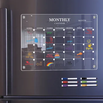 Магнитна бяла дъска Кухненска чиния Хладилник Сухо изтриване Календар Практичен акрилен празен график Прозрачен с писалка