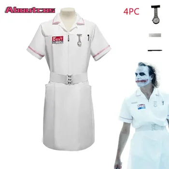 Aboutcos Страшен филм Хелоуин костюми за възрастен мъж Клоун медицинска сестра костюм униформа Жокер бяла рокля