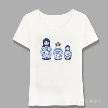 Blue Matryoshka кукла печат тениска мода жени къс ръкав случайни дами върховете сладко момиче тениска Русия женски Tees Harajuku