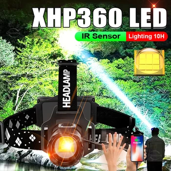 500000LM сензор LED фар 4 ядра XHP360 акумулаторна мащабируема глава фенерче за риболов на главата лампа с вградена батерия