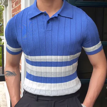 Мъжко облекло 2023 Летни плетени мъжки тениски с райе Къс ръкав Slim Fit Ежедневни мъжки тениски Топ дишаща