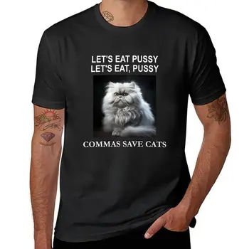 Нов Да ядем запетаи спестява котки Тениска с английска граматика плюс размер върхове върхове черни тениски Мъжка тениска