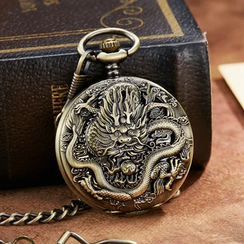 10pcs/lot Ретро реколта кухи дракон механични джобен часовник с верига римски набиране скелет Steampunk мъже жени подарък часовник