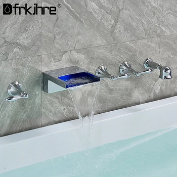 Баня вана кранче стена монтирани LED водопад хром широко разпространена вана мивка кранче с handshower баня душ кранче
