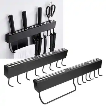 Стенен държач за ножове Многофункционален шкаф за кърпи Рафт за съхранение на кухненски консумативи Черен