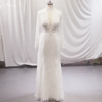 LZ503 лъскав пайети дантела блясък кристал сватбена рокля прост високо деколте дълъг ръкав русалка рокля