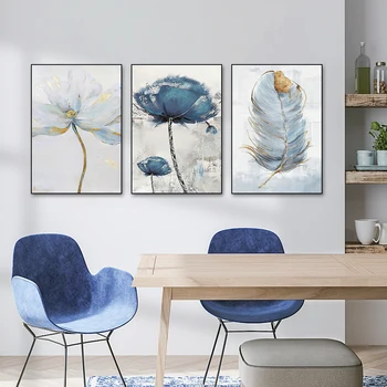 Декоративен стенопис 3PCS Nordic Abstract Blue Flower Feather Canvas Painting Wall Art Poster Prints Pictures Living Room Home Decor
