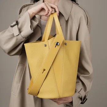 Дамска чанта за жени кофа от естествена кожа Чанта с голям капацитет Голяма пазарска чанта за рамо Lady Crossbody Messenger Purse
