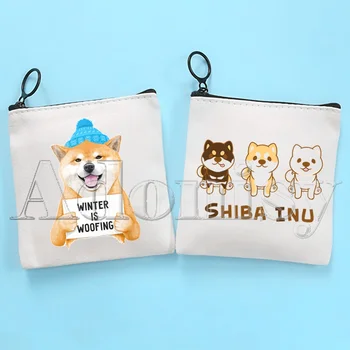 Шиба Ину Куче Японски печат Смешно животно сладък плътен цвят платно монета чанта малък свеж нов цип ключ чанта ръка подарък чанта
