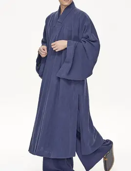 Унисекс с широк ръкав Есенен монашески костюм НАЙ-ВИСОКО КАЧЕСТВО памук и лен Дзен медитация рокля лежеше роба бойни изкуства униформи тъмно синьо