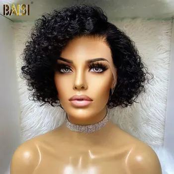 BAISI къдрави перуки къси пикси нарязани човешка коса за жени естествен черен Remy коса 200 % плътност лепило евтини странични част човешки перуки