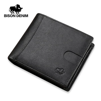 BISON DENIM Естествена кожа Мъжки портфейл Мода Телешка монета Джобен държач за карти Мъже Bifold чантата Висококачествени къси портфейли N4502