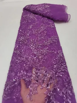 Purple Luxury French Beaded Lace Fabric Висококачествен африкански ръчно изработен мъниста дантелен плат за нигерийски булчински шевни материали