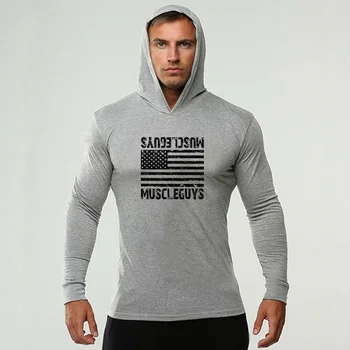 Muscleguys Културизъм дълъг ръкав T риза Мъже тренировка памук тънък годни качулка тениска мъжки фитнес тренировка джогър фитнес облекло