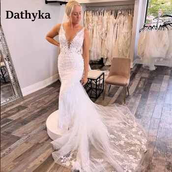 Dathyka изящни кристал русалка сватбени рокли за жени тюл без гръб апликации съд влак vestidos de novia персонализирани