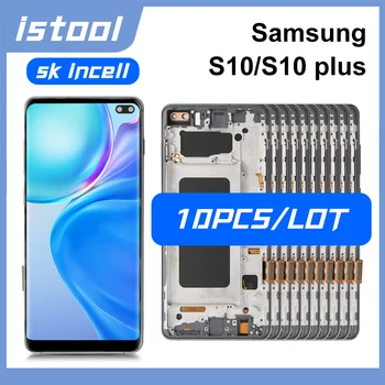 10 бр / лот SK incell за Samsung Galaxy S10 / S10 Plus LCD екран с рамка дигитайзер събрание замяна за Samsung G973 G975