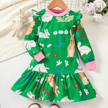 Детска памучна рокля момичета Зайче печат рокли дълъг ръкав есен пролет ежедневни дрехи малко дете карикатура рокли деца рокли