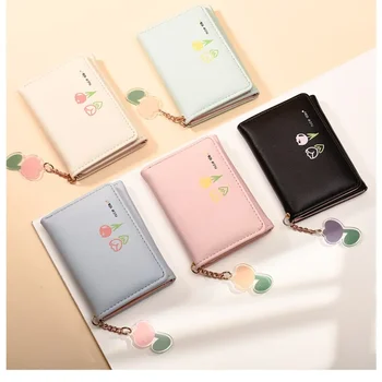  Нов малък портфейл Дамски къси тройно сгънати плътен цвят прост печат сладък свеж студент сгъваем портфейл карта чанта