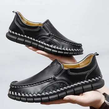 Висококачествени мъжки обувки от естествена кожа Плоски дишащи плитки обувки за ходене за мъже меки обувки за шофиране
