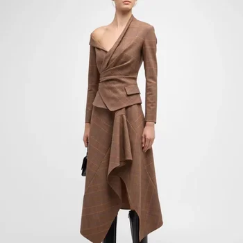 Дамски тънък дълъг ръкав диагонално рамо каре палто + неправилна дълга пола