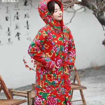 Североизток големи цветни якета дълго палто удебелен мода памук облекло дамски зимен етнически стил памучно яке