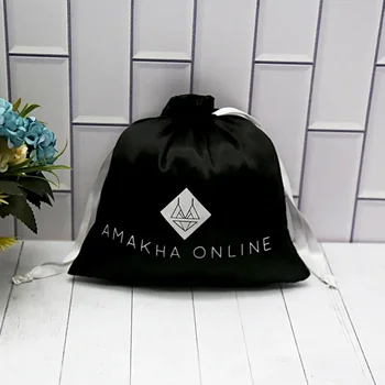 100pcs/Луксозно лого по поръчка Черен шнур Сатенени торбички за прах Рециклиране на разширения за коса Копринен прахпокрив опаковъчна чанта Продукт на едро